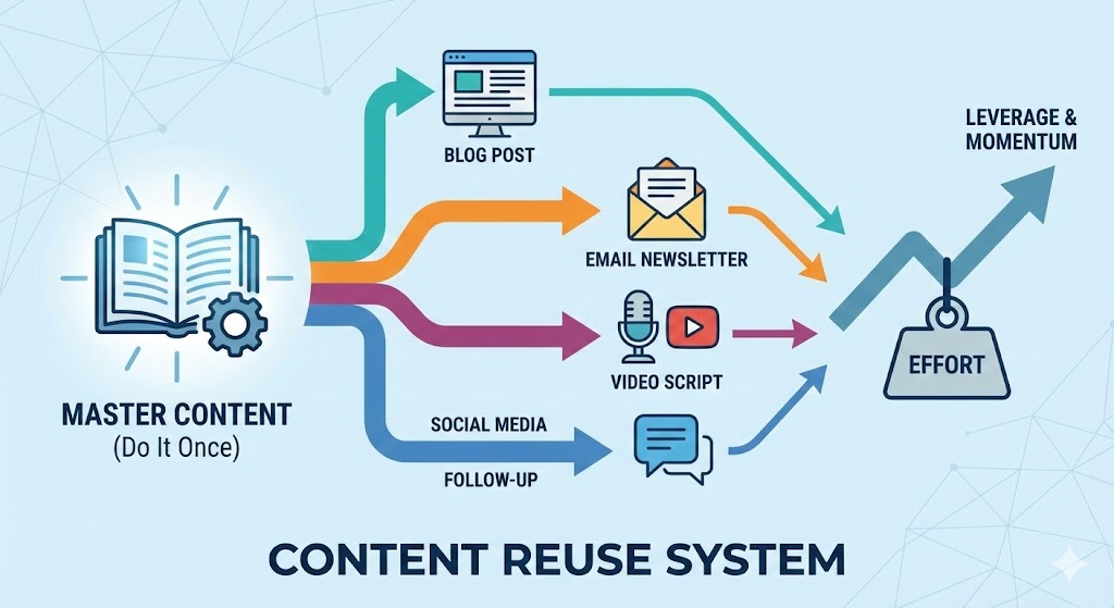 do it once reuse it leverage illustration showing content reuse system