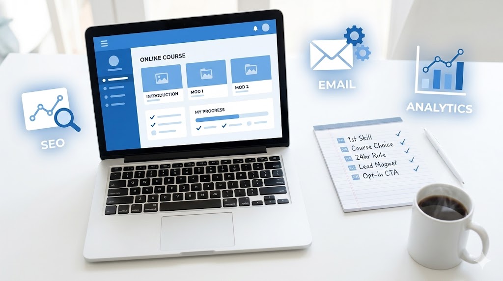 digital marketing courses online plan on laptop with checklist
