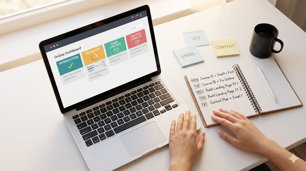 learn digital marketing online with laptop lesson and weekly plan