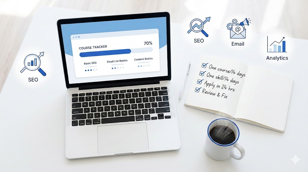 online marketing education plan on a laptop with checklist