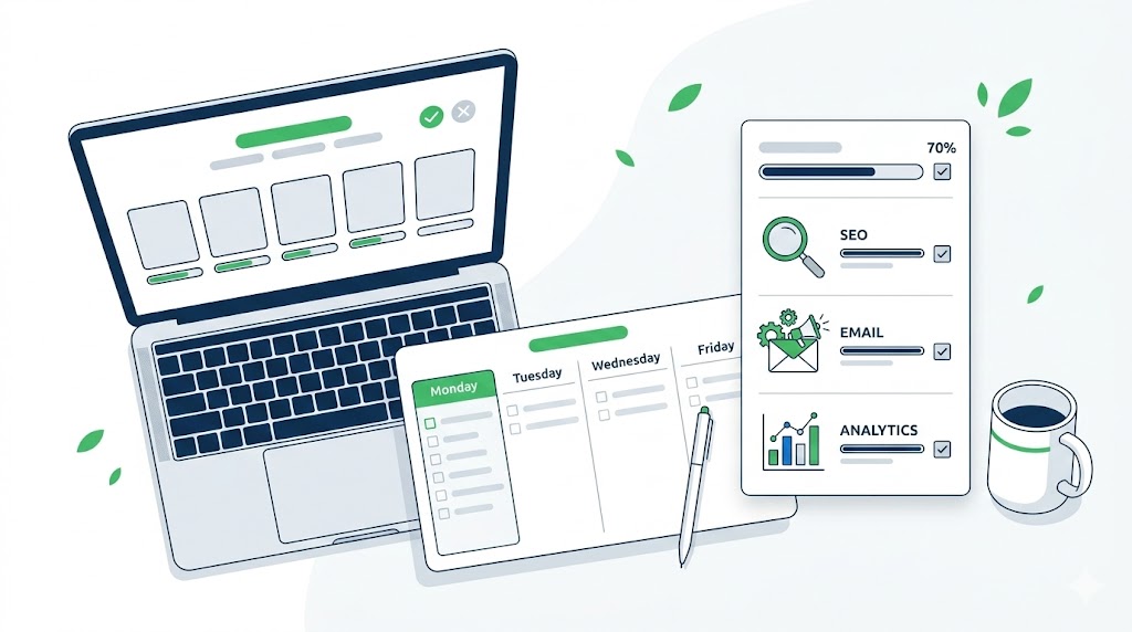 online marketing training weekly plan with calendar and checklist