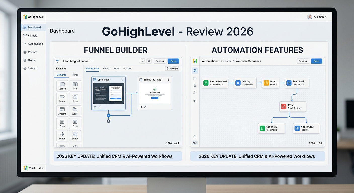 GoHighLevel review 2026 - dashboard showing funnel builder and automation features